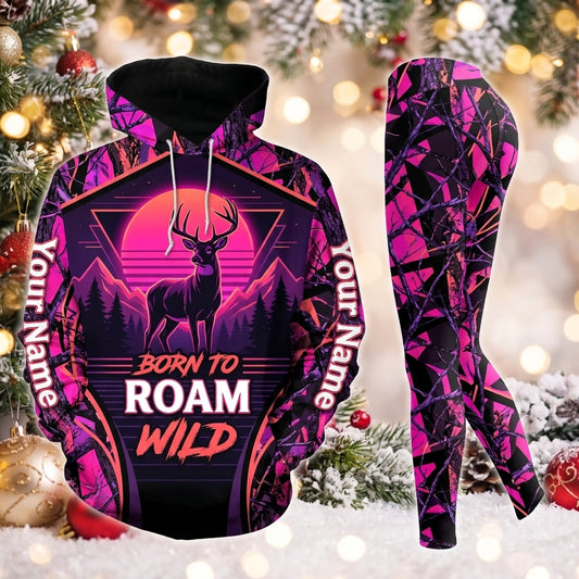 Maxcorners Combo Hunting Born To Roam Wild Buck Deer Retro Sunset Triangles Neon Pink Camo Personalized Name 3D Hoodie Leggings Combo Set