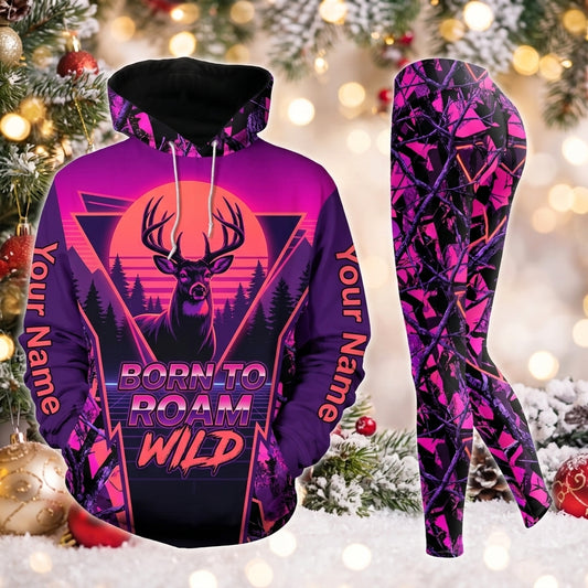 Maxcorners Combo Hunting Born To Roam Wild Buck Deer Sunset Mountains Purple Pink Camo Personalized Name 3D Hoodie Leggings Combo Set