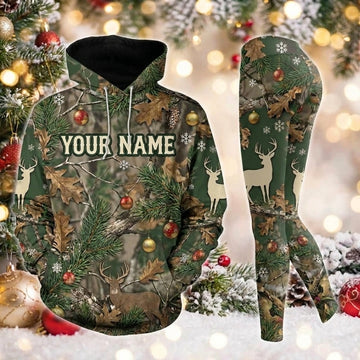 Maxcorners Combo Hunting Woodland Camo Deer Ornaments Pine Branches Christmas Tree Personalized Name 3D Hoodie Leggings Combo Set