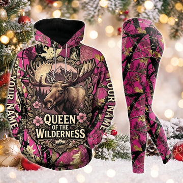 Maxcorners Combo Hunting Queen Of The Wilderness Moose Floral Wreath Frame Pink Camo Personalized Name 3D Hoodie Leggings Combo Set