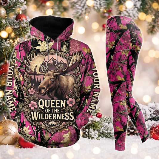 Maxcorners Combo Hunting Queen Of The Wilderness Moose Floral Wreath Frame Pink Camo Personalized Name 3D Hoodie Leggings Combo Set