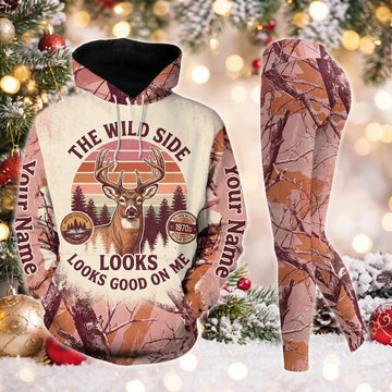 Maxcorners Combo Hunting The Wild Side Looks Good On Me Buck Deer Sunset Retro 1970s Pink Camo Personalized Name 3D Hoodie Leggings Combo Set