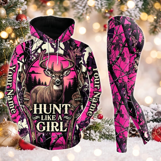 Maxcorners Combo Hunting Hunt Like A Girl Buck Deer Sunset Forest Frame Bright Pink Camo Personalized Name 3D Hoodie Leggings Combo Set