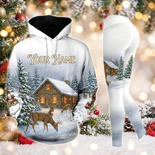 Maxcorners Combo Hunting Winter Cabin Whitetail Deer Snowy Forest Christmas Landscape Personalized Name 3D Hoodie Leggings Combo Set
