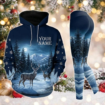 Maxcorners Combo Hunting Buck Deer Snow Forest Mountains Full Moon Night Snowflakes Personalized Name 3D Hoodie Leggings Combo Set