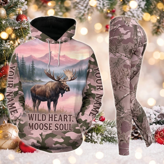 Maxcorners Combo Hunting Wild Heart Moose Soul Bull Moose Sunset Lake Mountains Woodland Camo Personalized Name 3D Hoodie Leggings Combo Set