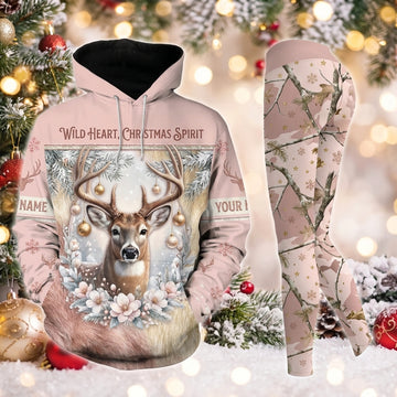 Maxcorners Combo Hunting Wild Heart Christmas Spirit Buck Deer White Flowers Baubles Pink Camo Personalized Name 3D Hoodie Leggings Combo Set