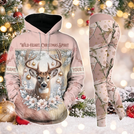 Maxcorners Combo Hunting Wild Heart Christmas Spirit Buck Deer White Flowers Baubles Pink Camo Personalized Name 3D Hoodie Leggings Combo Set