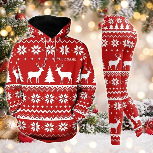 Maxcorners Combo Hunting Red White Fair Isle Reindeer Snowflake Christmas Tree Knitted Ugly Pattern Personalized Name 3D Hoodie Leggings Combo Set