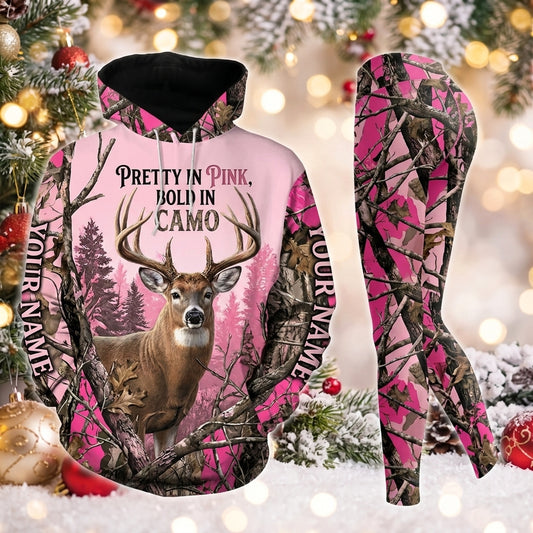 Maxcorners Combo Hunting Pretty In Pink Bold In Camo Buck Deer Pine Forest Pink Camo Personalized Name 3D Hoodie Leggings Combo Set
