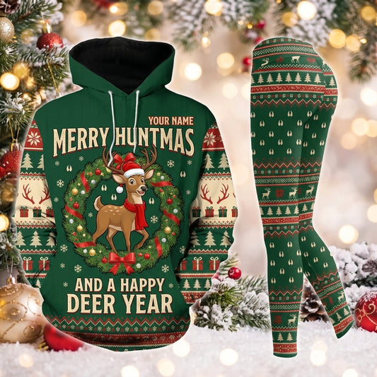 Maxcorners Combo Hunting Merry Huntmas And A Happy Deer Year Cute Cartoon Reindeer Wreath Green Personalized Name 3D Hoodie Leggings Combo Set