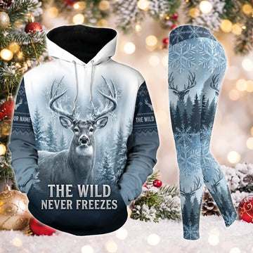Maxcorners Combo Hunting The Wild Never Freezes Buck Deer Winter Snow Pine Forest Blue Ice Snowflakes Personalized Name 3D Hoodie Leggings Combo Set