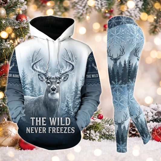 Maxcorners Combo Hunting The Wild Never Freezes Buck Deer Winter Snow Pine Forest Blue Ice Snowflakes Personalized Name 3D Hoodie Leggings Combo Set