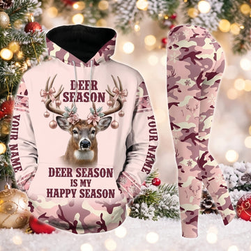 Maxcorners Combo Hunting Deer Season Is My Happy Season Buck Deer Antler Baubles Bows Pink Snow Camo Personalized Name 3D Hoodie Leggings Combo Set