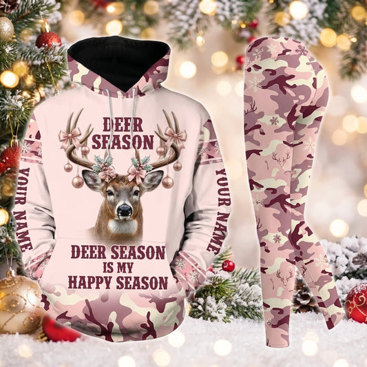 Maxcorners Combo Hunting Deer Season Is My Happy Season Buck Deer Antler Baubles Bows Pink Snow Camo Personalized Name 3D Hoodie Leggings Combo Set