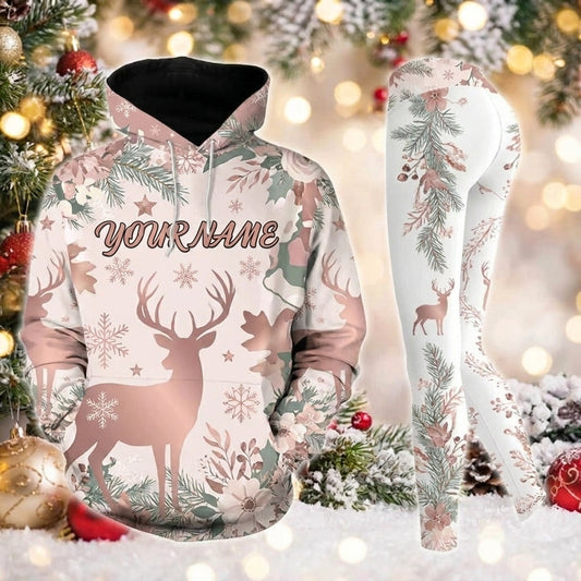 Maxcorners Combo Hunting Gentle Deer Silhouette Pine Branches White Winter Flowers Snowflakes Camo Personalized Name 3D Hoodie Leggings Combo Set