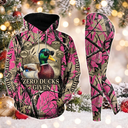 Maxcorners Combo Hunting Zero Ducks Given Cool Duck Sunglasses Badges Bright Pink Camo Marsh Personalized Name 3D Hoodie Leggings Combo Set