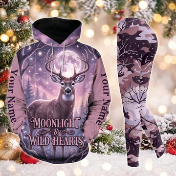 Maxcorners Combo Hunting Moonlight & Wild Hearts Buck Deer Full Moon Night Forest Purple Camo Personalized Name 3D Hoodie Leggings Combo Set