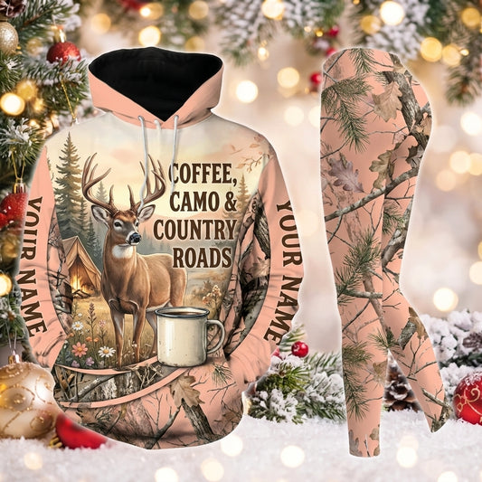 Maxcorners Combo Hunting Coffee Camo & Country Roads Buck Deer Camping Mug Campfire Pink Camo Personalized Name 3D Hoodie Leggings Combo Set