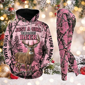 Maxcorners Combo Hunting Just A Girl Who Loves Deer Buck Pine Forest Pink Camo Personalized Name 3D Hoodie Leggings Combo Set