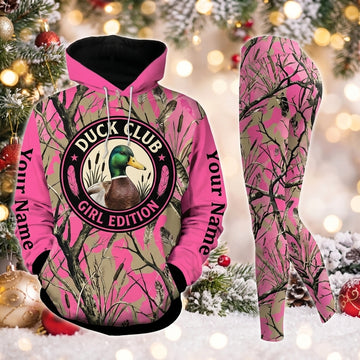 Maxcorners Combo Hunting Duck Club Girl Edition Mallard Duck Marsh Reeds Feathers Pink Camo Personalized Name 3D Hoodie Leggings Combo Set