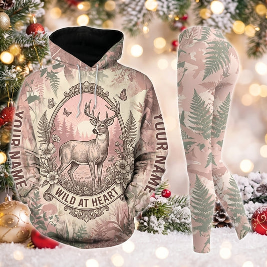Maxcorners Combo Hunting Wild At Heart Buck Deer Vintage Botanical Frame Butterflies Pink Camo Personalized Name 3D Hoodie Leggings Combo Set