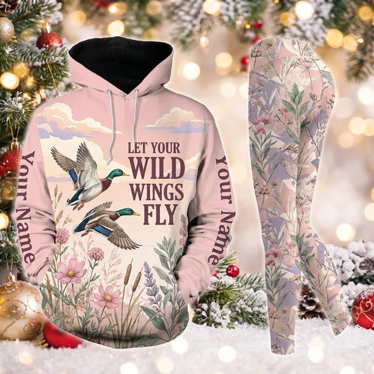 Maxcorners Combo Hunting Let Your Wild Wings Fly Flying Mallards Wildflowers Pink Sunset Personalized Name 3D Hoodie Leggings Combo Set