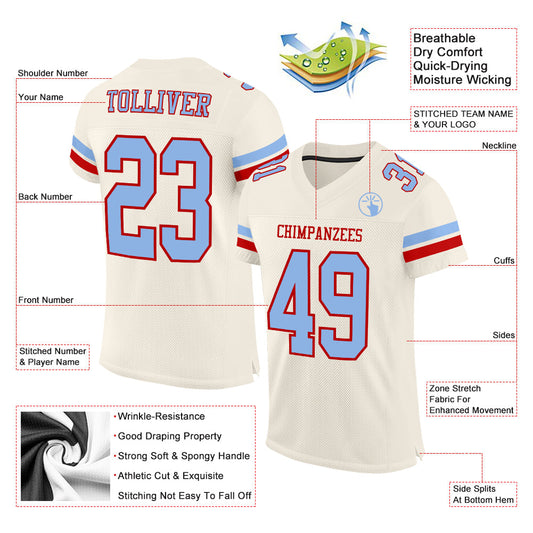 Maxcorners Custom Cream Light Blue-Red Mesh Authentic Football Jersey LM2605