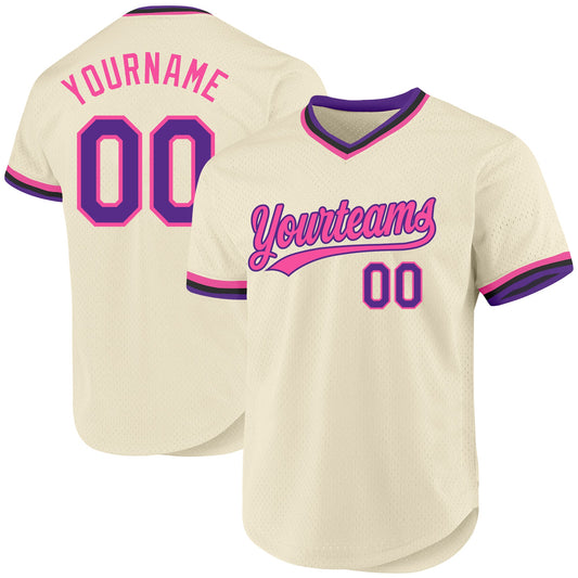 Maxcorners Custom Cream Purple Pink-Black Authentic Throwback Baseball Jersey LM2605