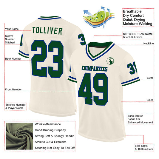 Maxcorners Custom Cream Green-Royal Mesh Authentic Throwback Football Jersey LM2605