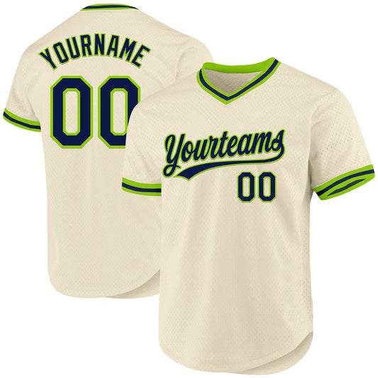 Maxcorners Custom Cream Navy-Neon Green Authentic Throwback Baseball Jersey LM2605