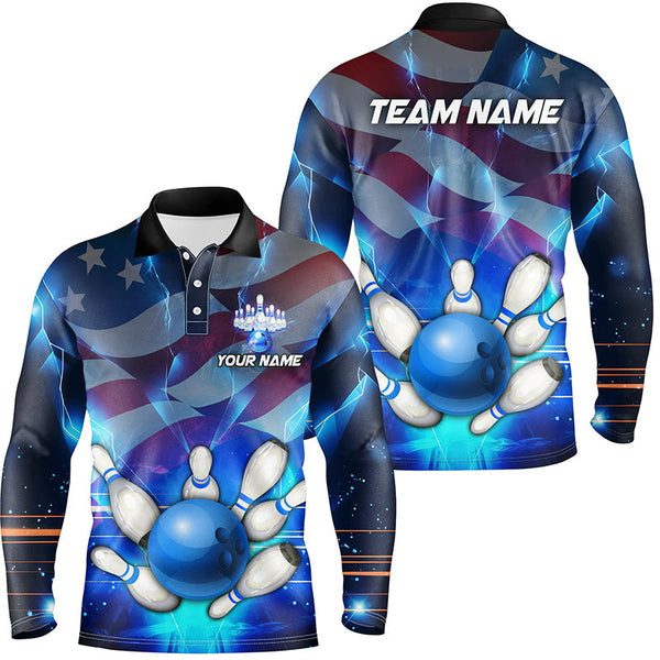 Maxcorners American flag blue Bowling Epic Light Pattern Customized Name And Team Name 3D Shirt