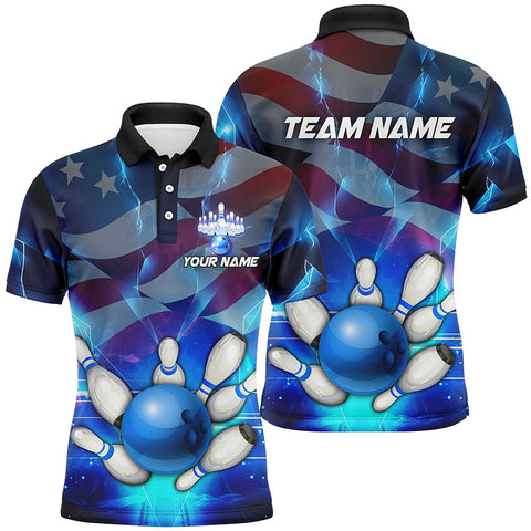 MaxCorners Bowling And Pins American Flag Blue Customized Name 3D Polo Shirt Unisex