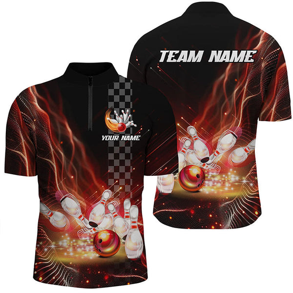 MaxCorners Bowling And Pins Red Light Customized Name, Team Name 3D Stand Collar Zipper Polo Shirt For Men