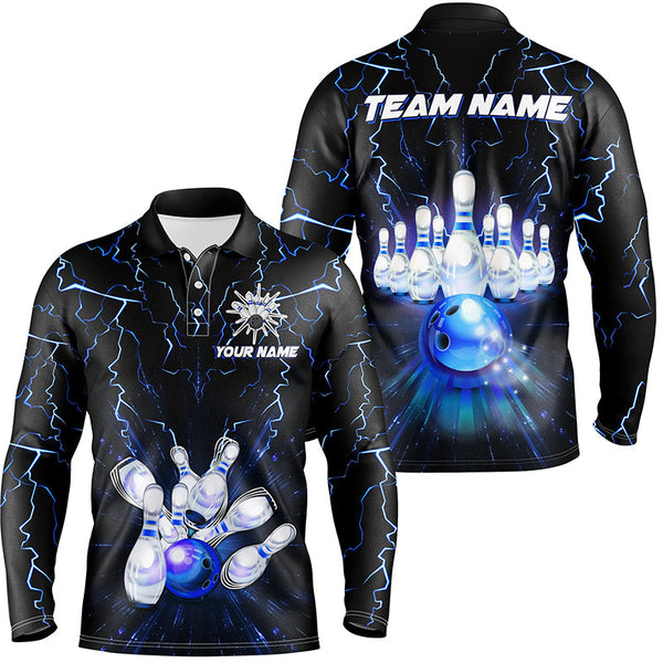 Maxcorners   Custom Blue Lightning Thunder For Men Bowling Team Jersey, Gift For Team Bowlers