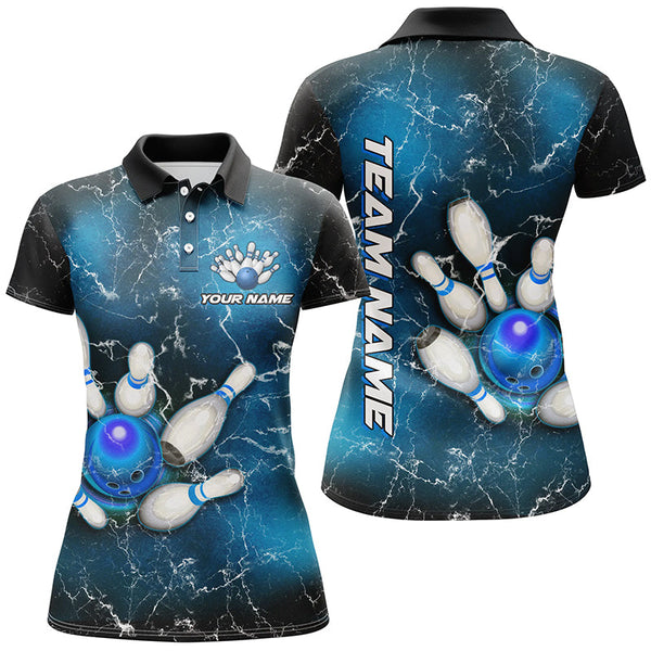 Maxcorners Polo Bowling Shirts Custom Blue Lightning Thunder For Men Bowling Team Jersey, Gift For Team Bowlers