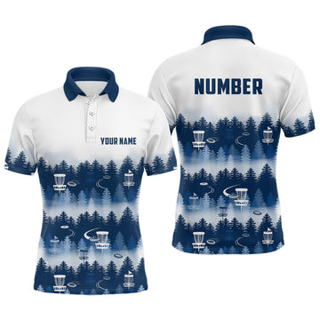 Maxcorners Disc Golf Forest Pattern Mens Disc Golf Polo Shirt Custom Name And Number Disc Golf Gifts For Men | Navy MT0510