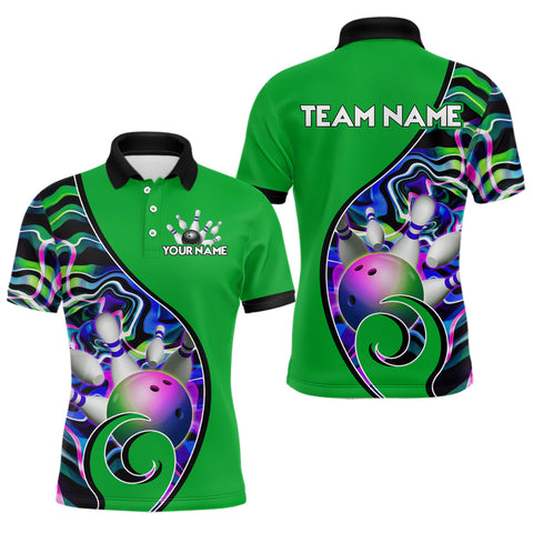Maxcorners Custom Bowling Team Polo Shirts for Men - Personalized Abstract Colors Bowling Jersey - Green MT0811
