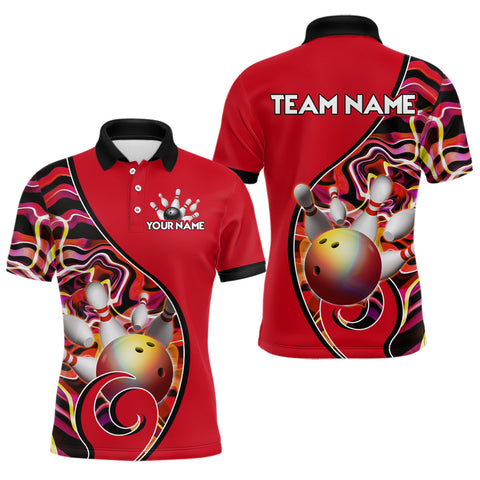 Maxcorners Custom Bowling Team Polo Shirts for Men - Personalized Abstract Colors Bowling Jersey - Red MT0811