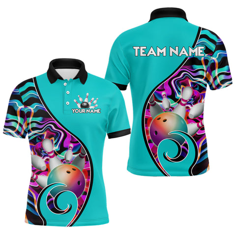 Maxcorners Custom Bowling Team Polo Shirts for Men - Personalized Abstract Colors Bowling Jersey - Cyan MT0811