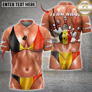Maxcorners Bowling Belgium Flag Sexy Bikini Body Bowling Pins Personalized Name 3D Unisex Shirt