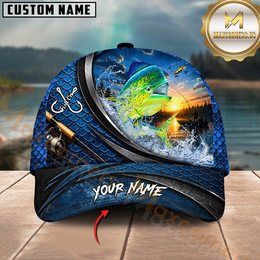 Maxcorners Fishing Sunset Splash Personalized Name 3D Cap (12 Fish Species)