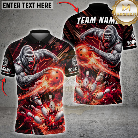 Maxcorners Bowling Shirt Gorilla Striking Bowling Ball Explosive Impact Design, Multicolor Customized Name, Team Name 3D Shirts