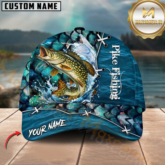 Maxcorners Jumping Fish & Blue Fish Scale Pattern Personalized Name 3D Cap