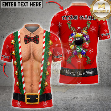 Maxcorners Ugly Christmas Billiards Pool Balls Wreath Hairy Chest Bowtie Customized Name, Team Name 3D Shirts