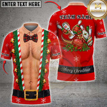 Maxcorners Ugly Christmas Bowling Pins Wreath Hairy Chest Bowtie Customized Name, Team Name 3D Shirts
