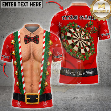 Maxcorners Ugly Christmas Darts Dartboard Wreath Hairy Chest Bowtie Customized Name, Team Name 3D Shirts