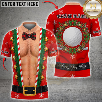 Maxcorners Ugly Christmas Golf Ball Wreath Hairy Chest Bowtie Customized Name, Team Name 3D Shirts