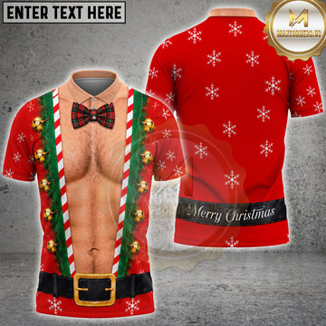 Maxcorners Ugly Christmas Funny Hairy Chest Bowtie Jingle Bells Snowflakes Belt Customized Name 3D Shirts