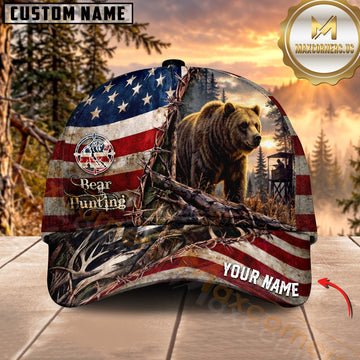 Maxcorners Hunting Patriotic American Flag, Forest Sunset Landscape Multi Animals Customized Name 3D Cap